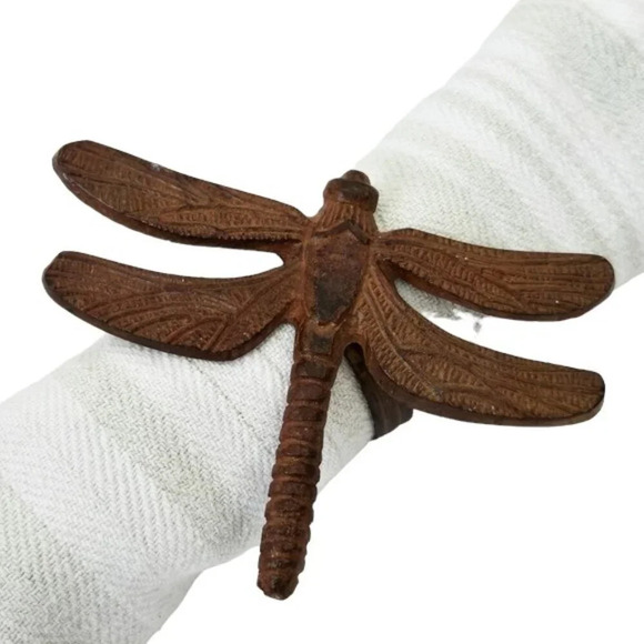 SET OF 5 Pier 1 Dragonfly Rusty Brown Metal Farmhouse Napkin Rings (4 & 1 Extra) - Picture 1 of 2